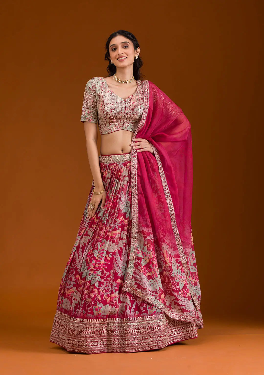 Peach Pink Organza Print With Embroidery Lehenga