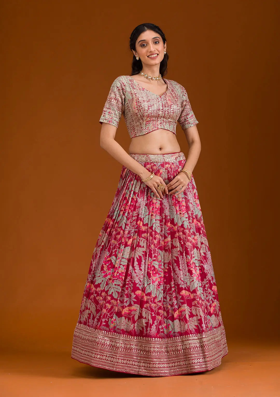 Peach Pink Organza Print With Embroidery Lehenga