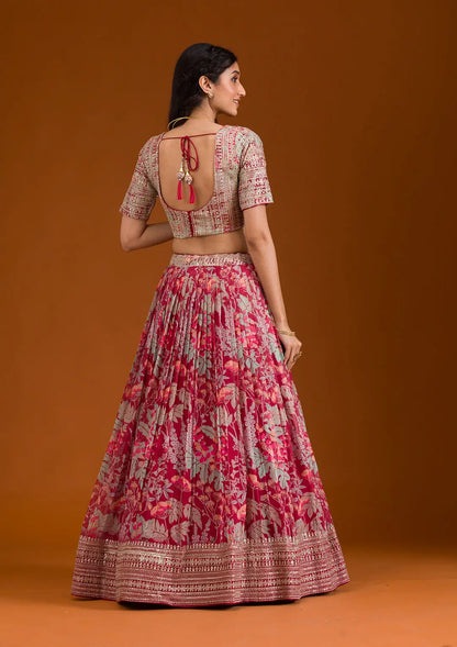 Peach Pink Organza Print With Embroidery Lehenga