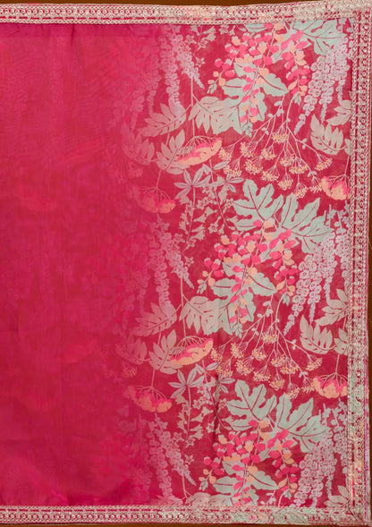 Peach Pink Organza Print With Embroidery Lehenga