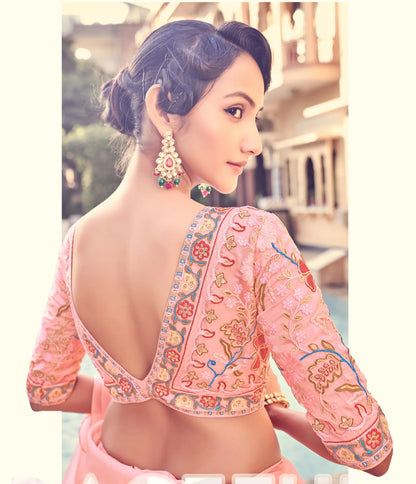 Peach Pink Organza Ruffle Saree With Embroidered Blouse
