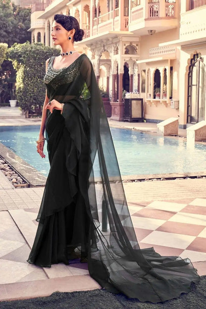 Hot Black Organza Ruffle Saree With Embroidered Blouse