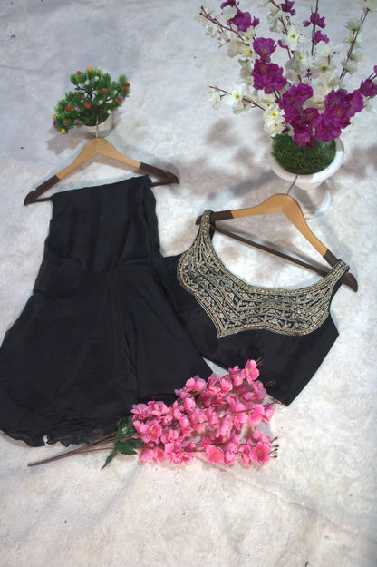 Hot Black Organza Ruffle Saree With Embroidered Blouse