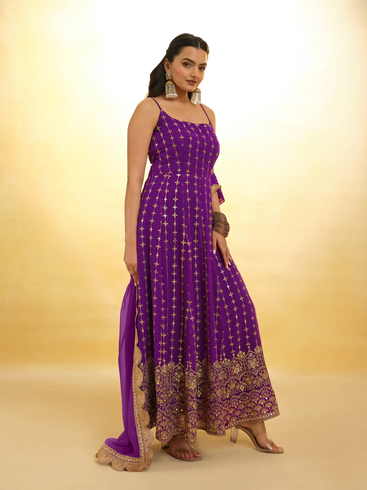 Purple Georgette Embroidery Work Gown With Dupatta