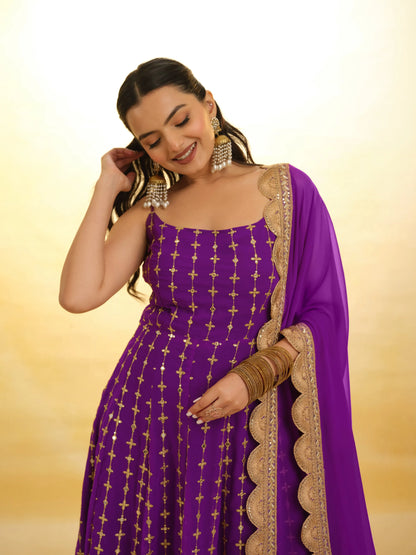 Purple Georgette Embroidery Work Gown With Dupatta