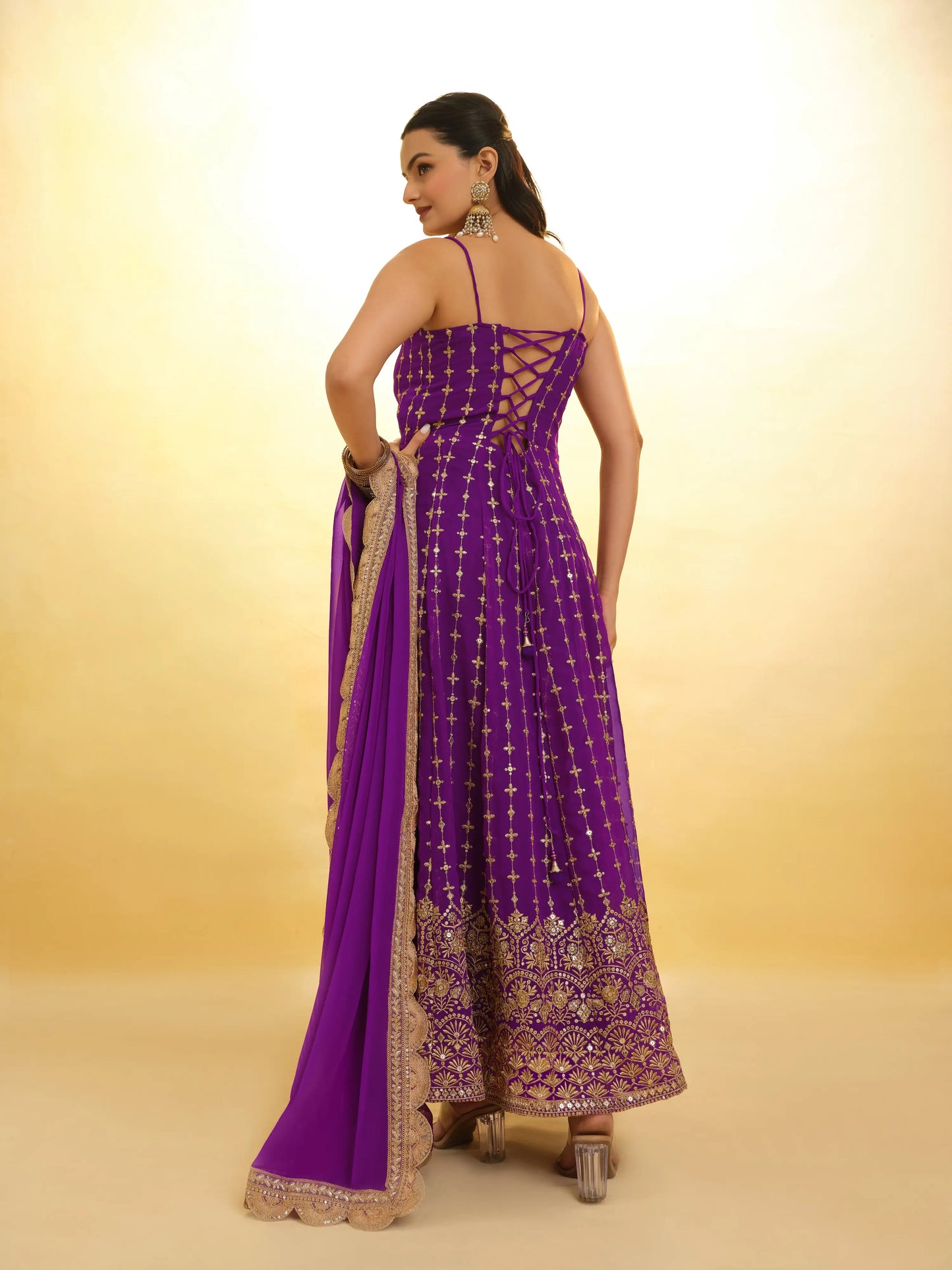 Purple Georgette Embroidery Work Gown With Dupatta