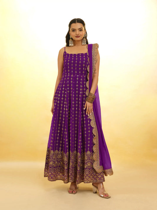 Purple Georgette Embroidery Work Gown With Dupatta
