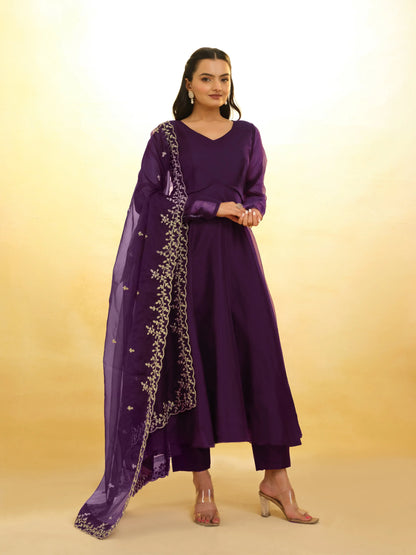 Plum Purple Organza Gown With Heavy Dupatta