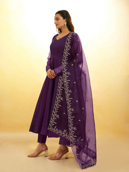 Plum Purple Organza Gown With Heavy Dupatta