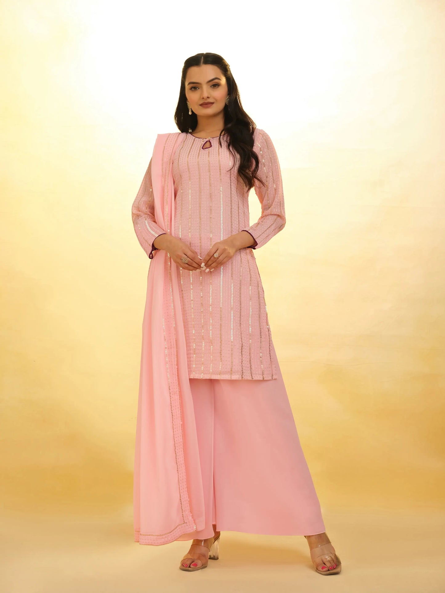 Peach Georgette palazzo Salwar Suit With Dupatta