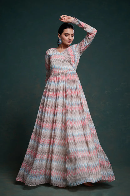Pink And Gray Printed Georgette Gown