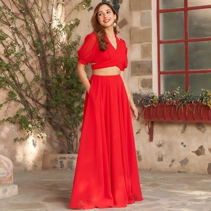 Stylish Beautifully Designed Red Georgette Indo Western Lehenga Set