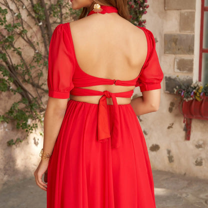 Stylish Beautifully Designed Red Georgette Indo Western Lehenga Set