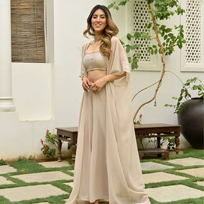 Beige Georgette Stylish Indo Western Co-Ord Set With Long Shrug