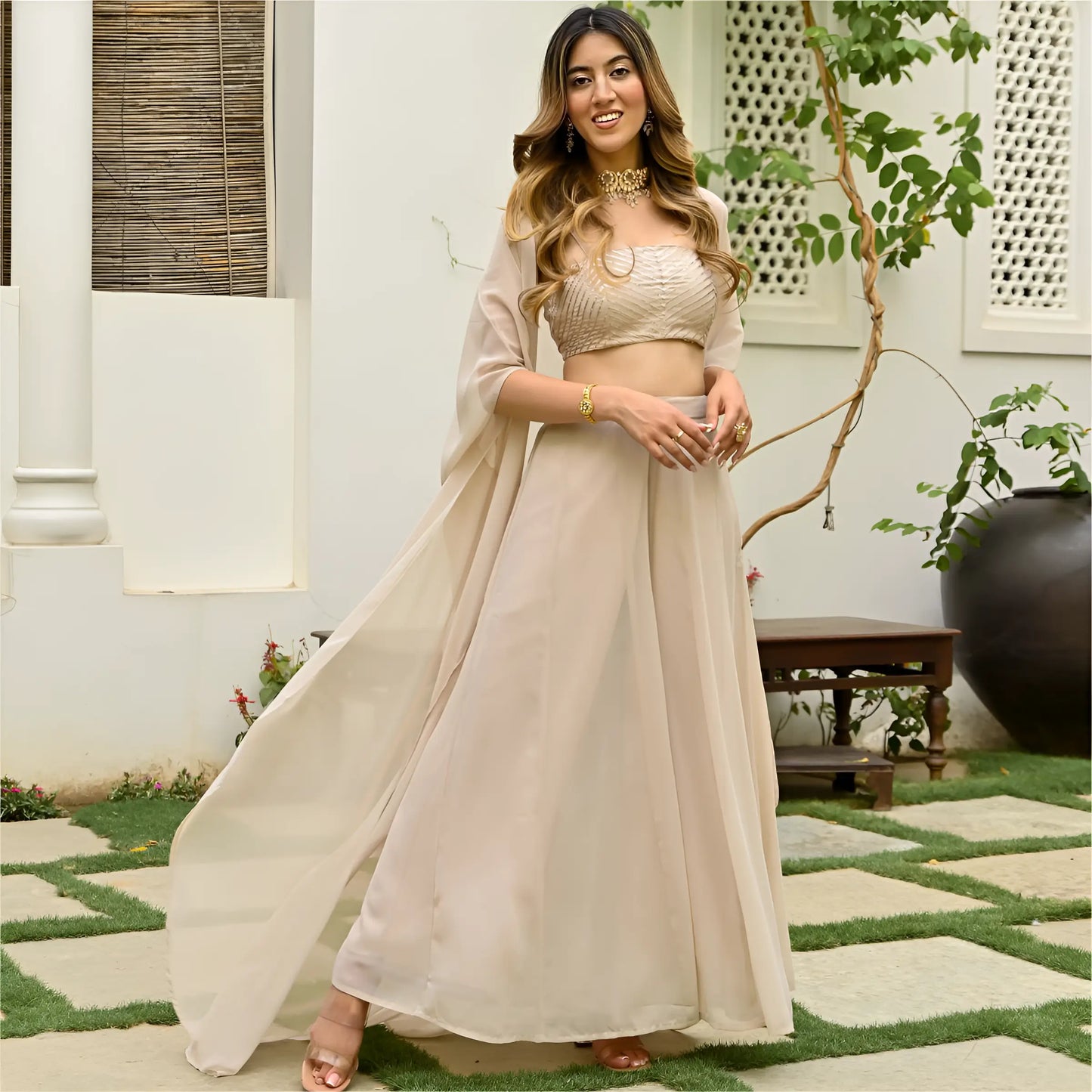 Beige Georgette Stylish Indo Western Co-Ord Set With Long Shrug