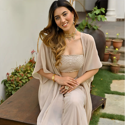 Beige Georgette Stylish Indo Western Co-Ord Set With Long Shrug