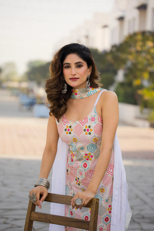 White Chinon Sequence Embroidery Work Salwar Suit