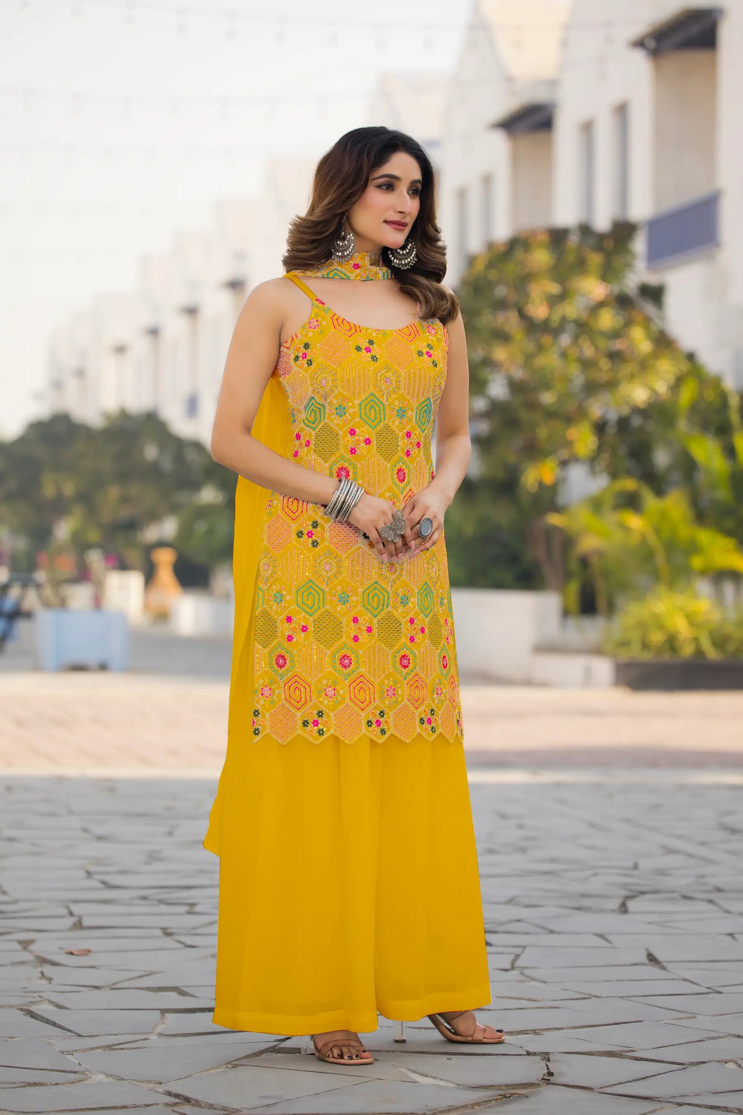 Yellow Chinon Sequence Embroidery Work Salwar Suit