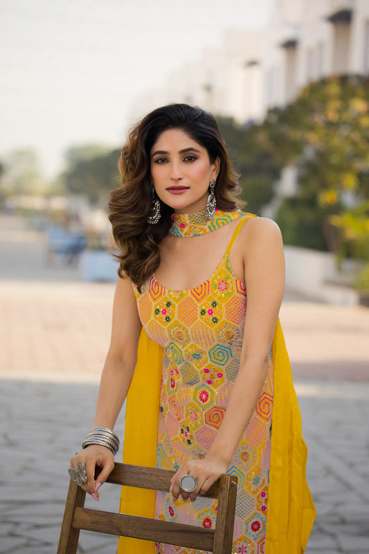 Yellow Chinon Sequence Embroidery Work Salwar Suit
