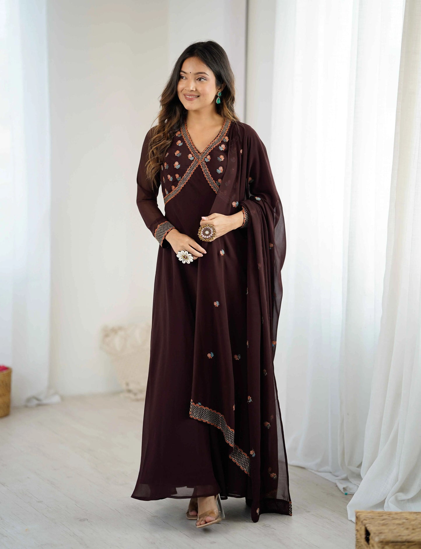 Trendy Brown Embroidery Work Gown With Dupatta