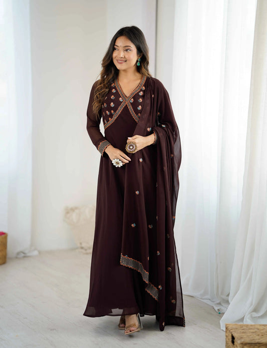 Trendy Brown Embroidery Work Gown With Dupatta