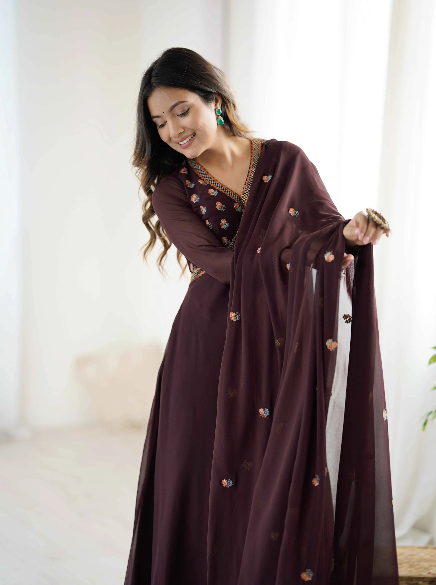 Trendy Brown Embroidery Work Gown With Dupatta