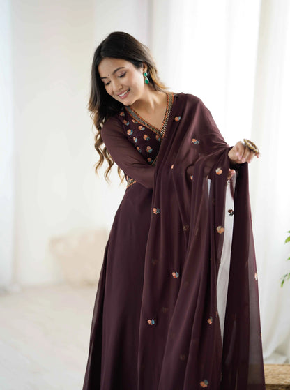 Trendy Brown Embroidery Work Gown With Dupatta