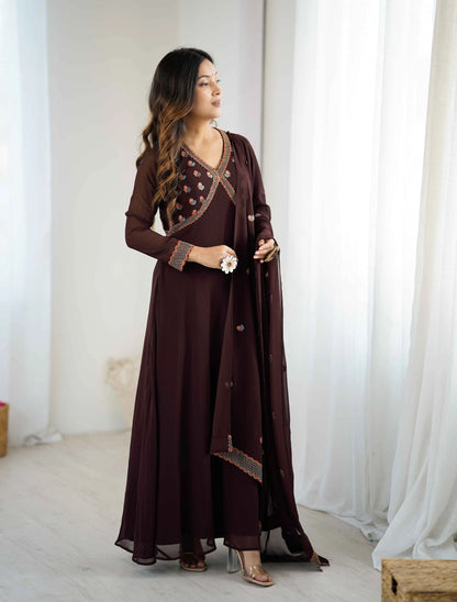 Trendy Brown Embroidery Work Gown With Dupatta