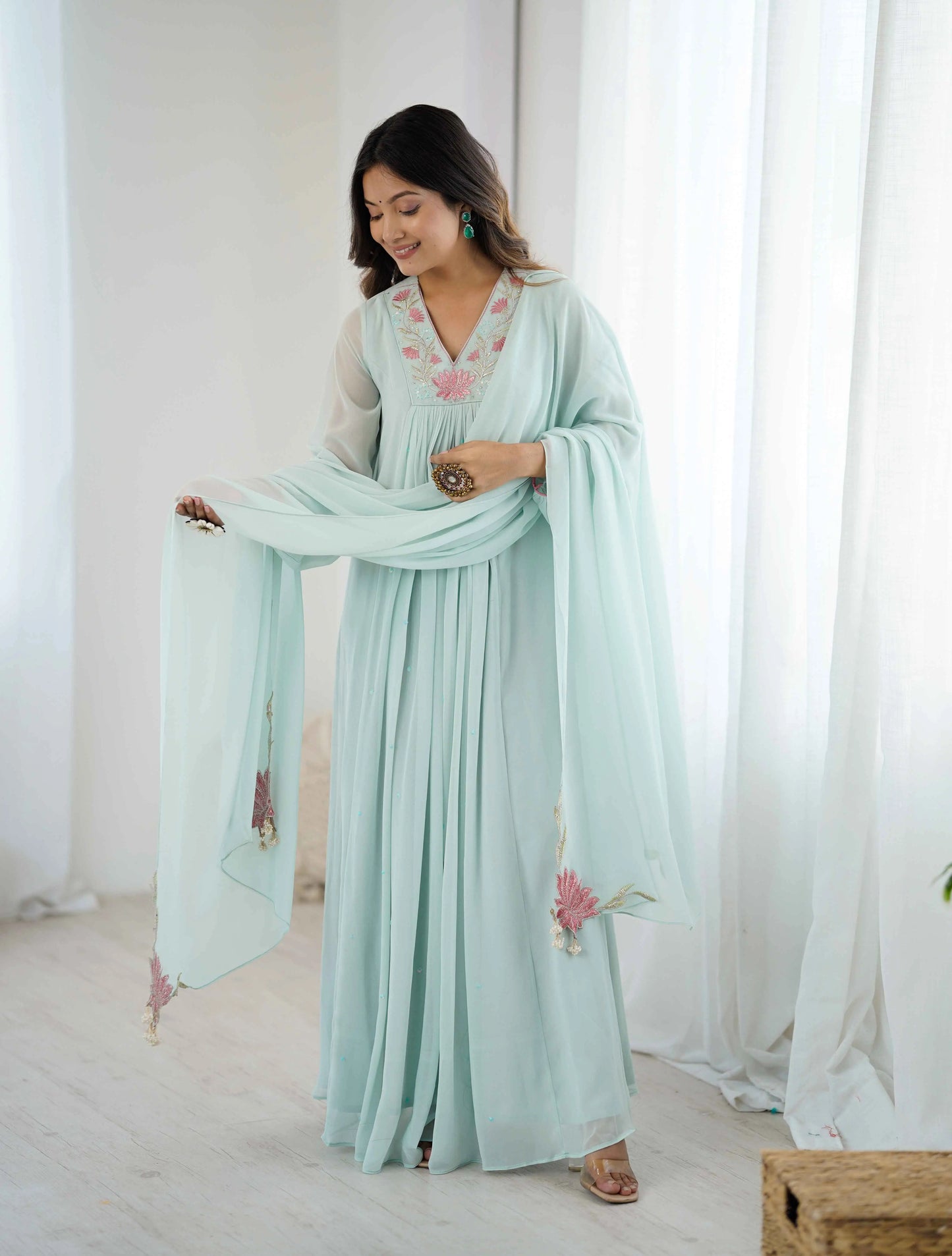 Designer Sky Blue Georgette Gown With Embroidery Work