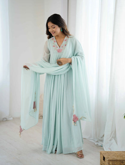 Designer Sky Blue Georgette Gown With Embroidery Work