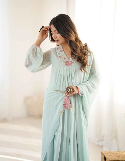 Designer Sky Blue Georgette Gown With Embroidery Work