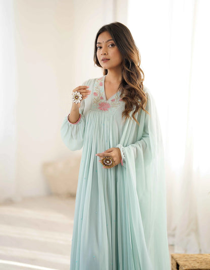 Designer Sky Blue Georgette Gown With Embroidery Work