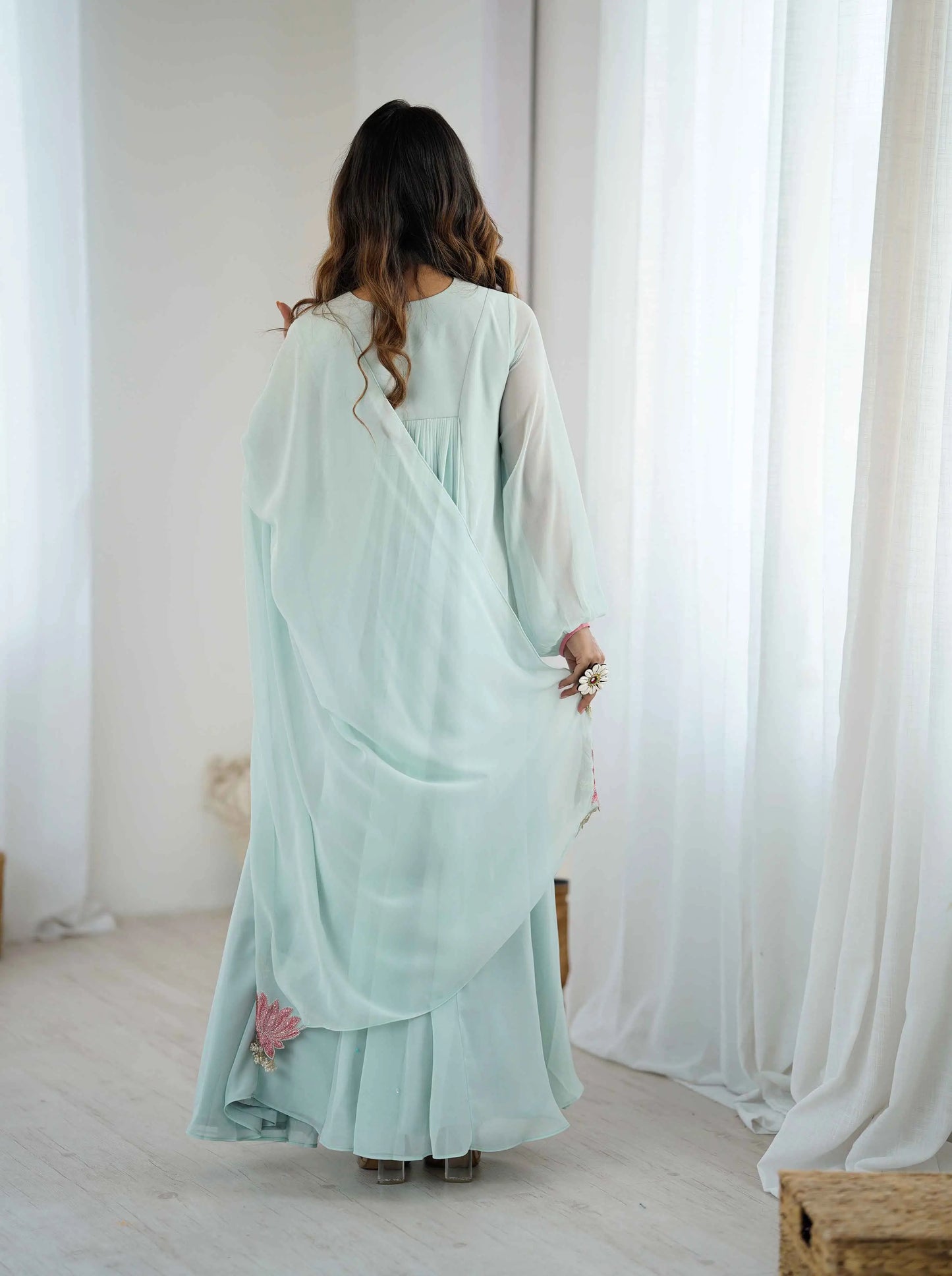 Designer Sky Blue Georgette Gown With Embroidery Work