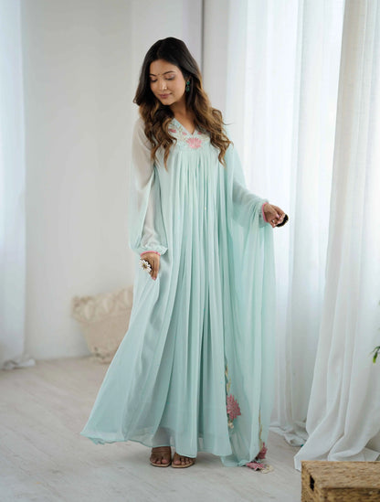 Designer Sky Blue Georgette Gown With Embroidery Work