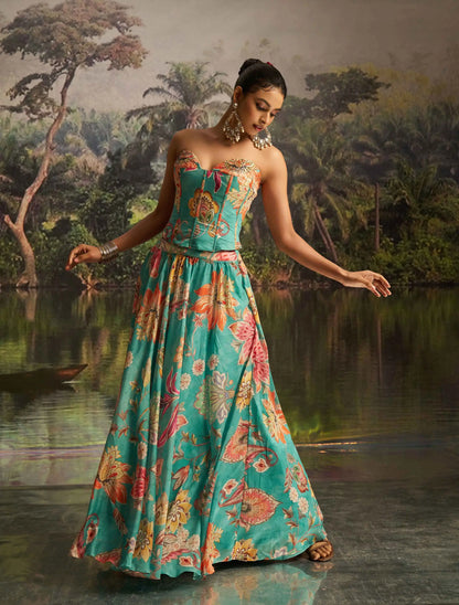 Mint Blue Floral print With Handwork Indo Western