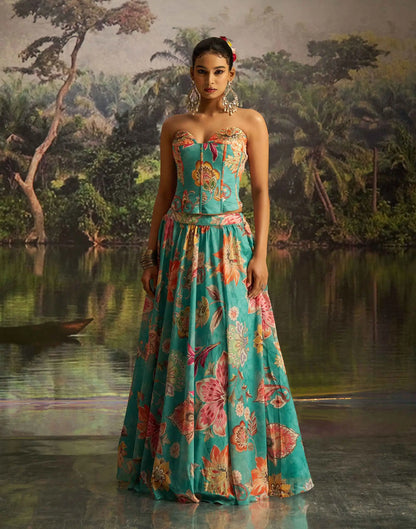 Mint Blue Floral print With Handwork Indo Western