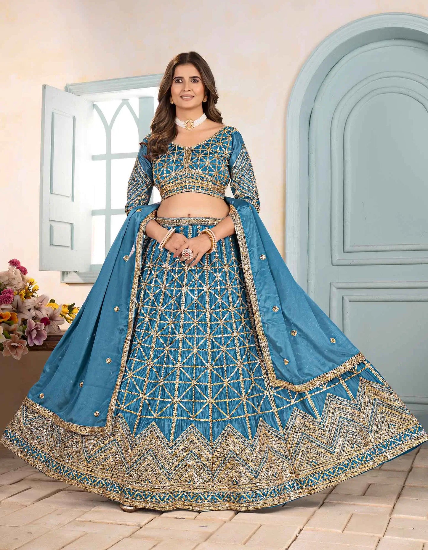 Designer Sky Sequins Embroidery Work Lehenga Choli