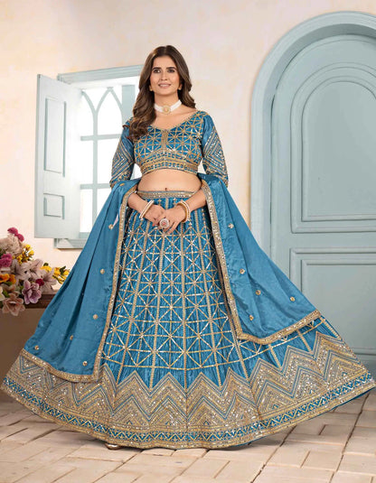 Designer Sky Sequins Embroidery Work Lehenga Choli