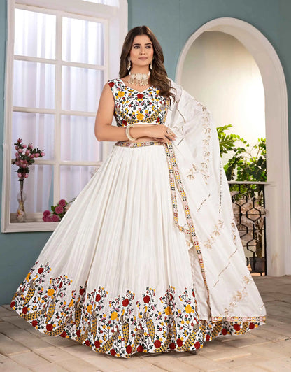 White Multi Thread Sequins Embroidery Design Work Lehenga Choli