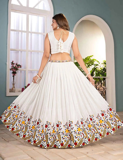 White Multi Thread Sequins Embroidery Design Work Lehenga Choli