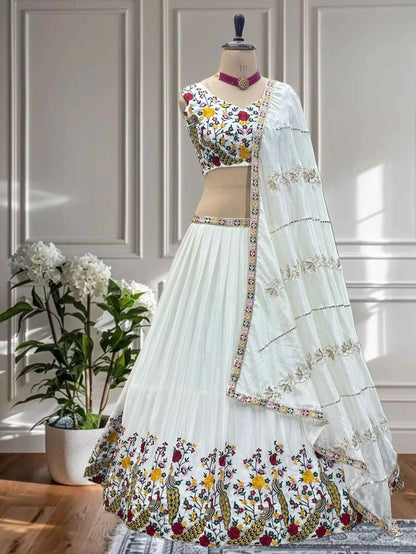 White Multi Thread Sequins Embroidery Design Work Lehenga Choli