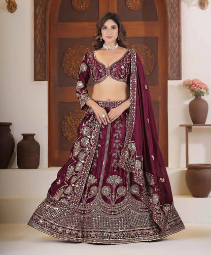 Maroon Lehenga Choli With Sequins Zari Embroidery Work