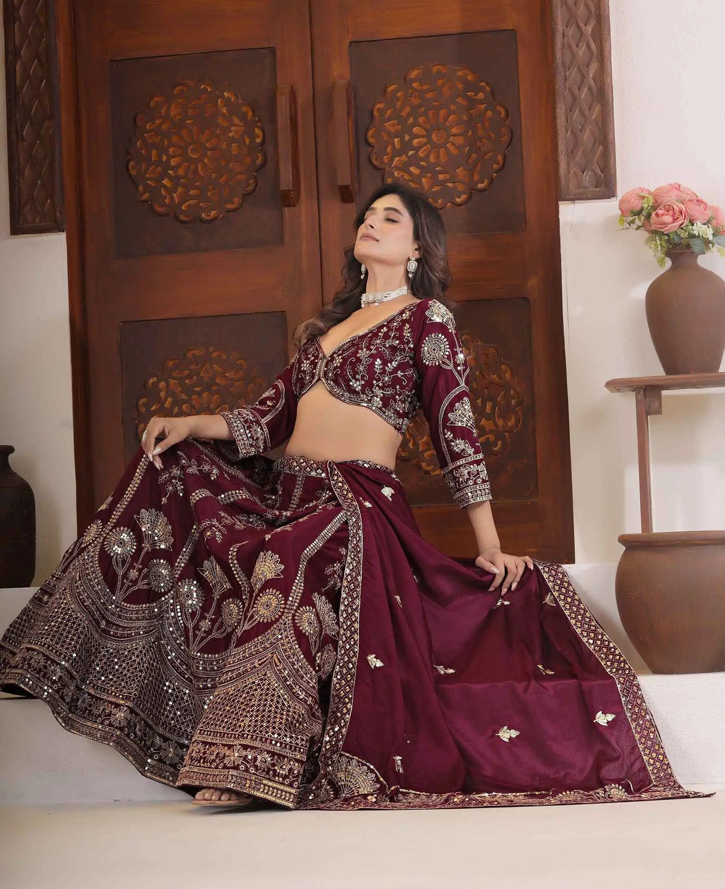 Maroon Lehenga Choli With Sequins Zari Embroidery Work