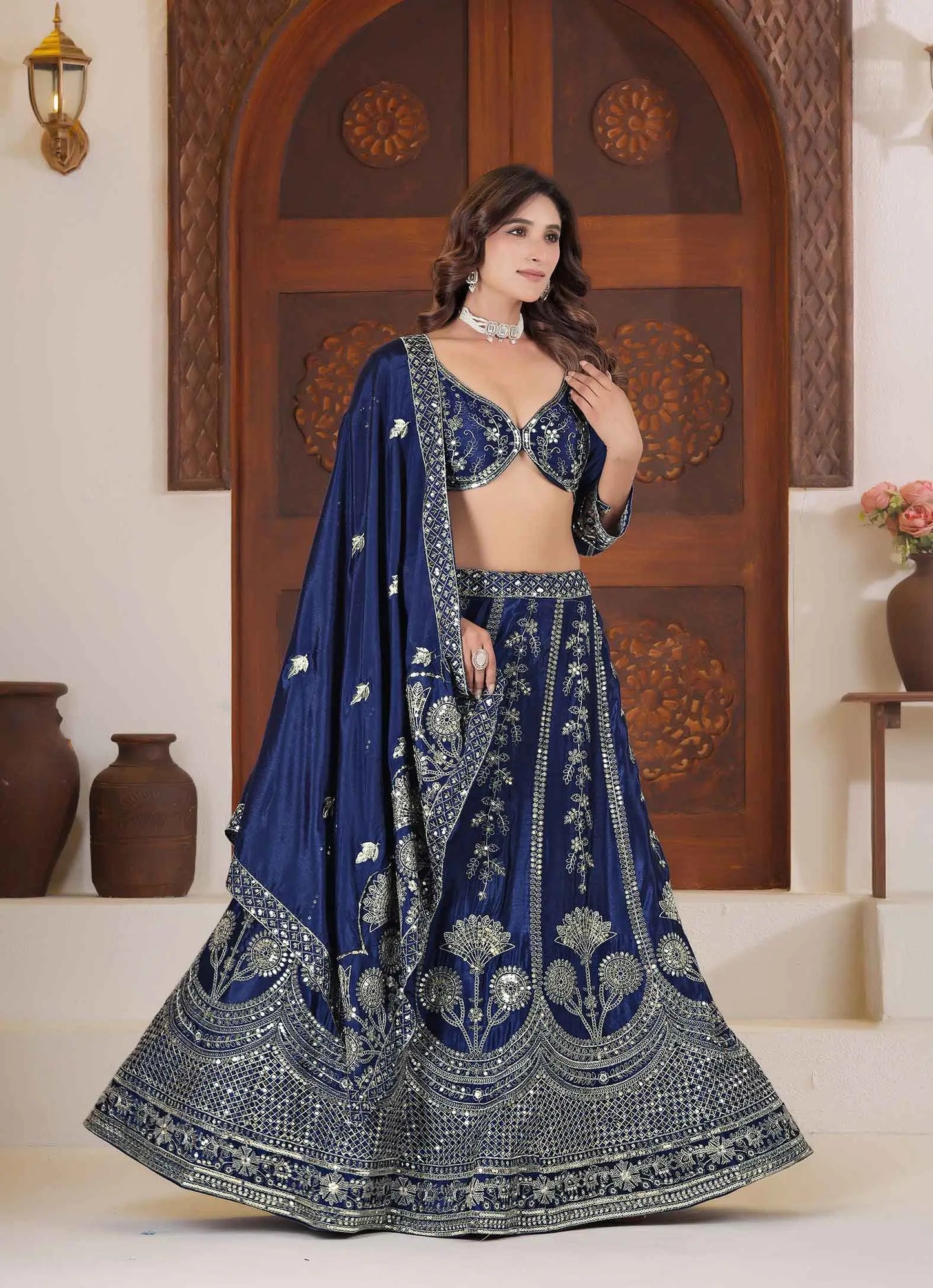 Blue Lehenga Choli With Sequins Zari Embroidery Work