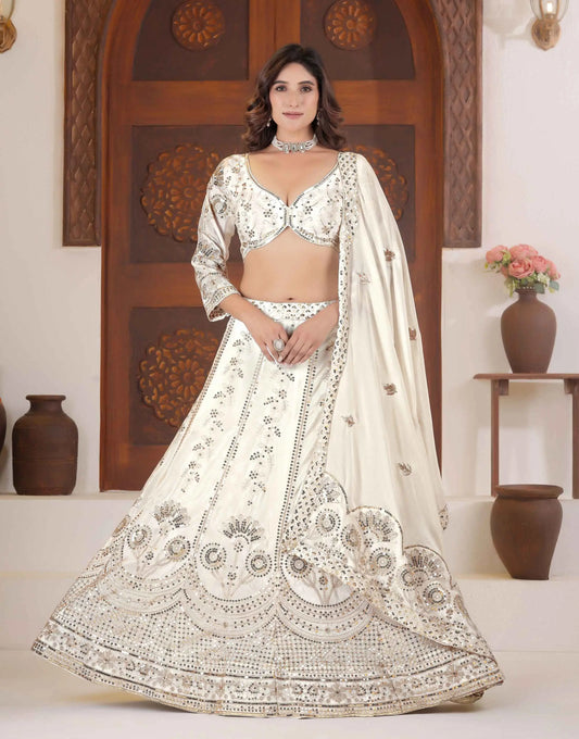 White Lehenga Choli With Sequins Zari Embroidery Work