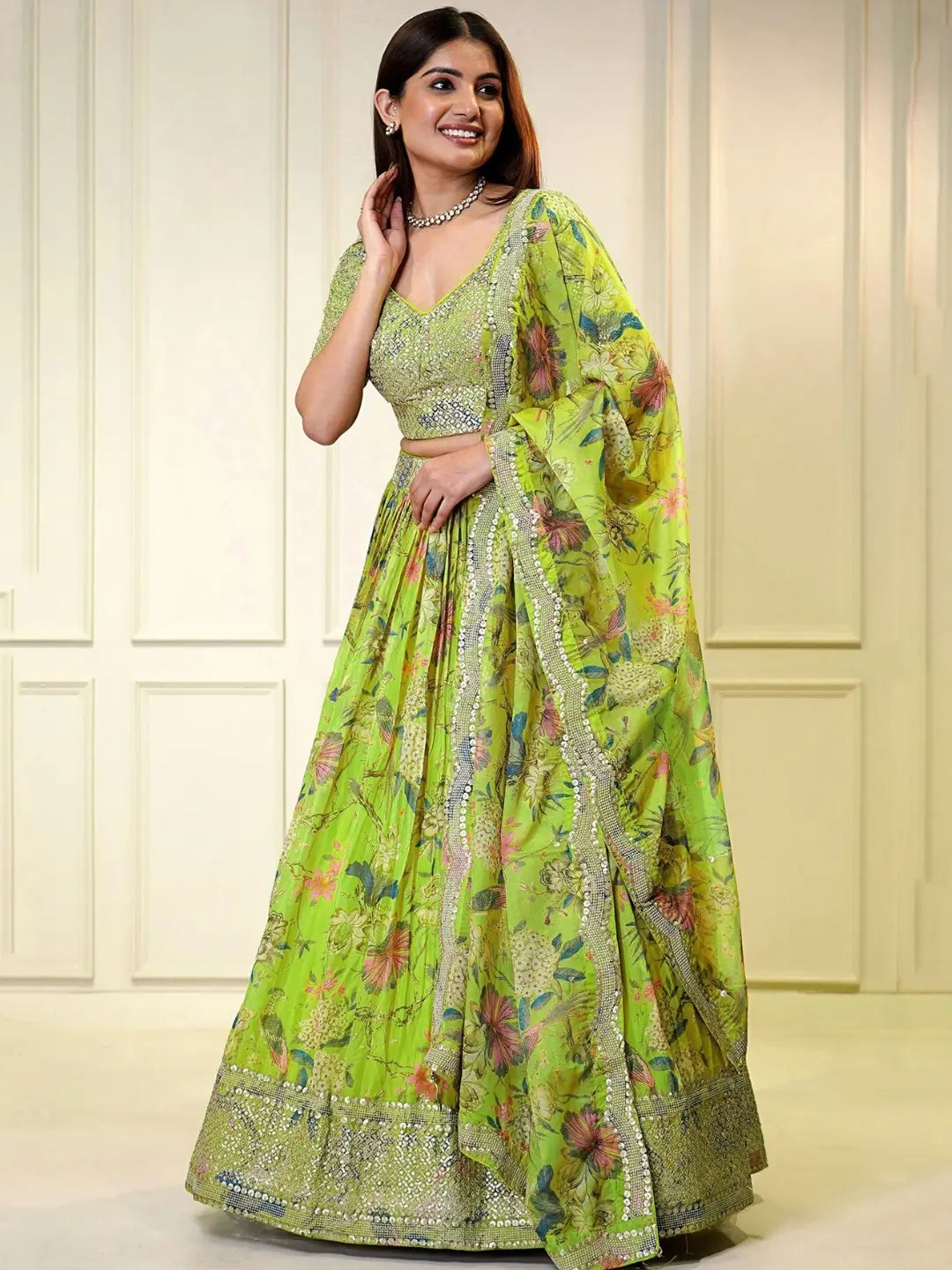 Parrot Green Floral Printed Embroidery Work Organza Lehenga With Dupatta