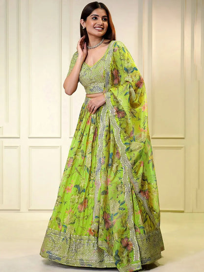 Parrot Green Floral Printed Embroidery Work Organza Lehenga With Dupatta