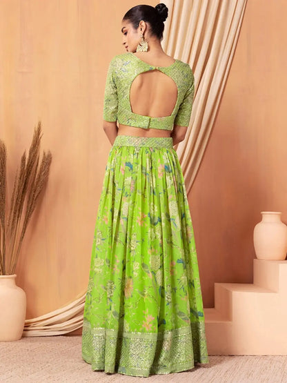 Parrot Green Floral Printed Embroidery Work Organza Lehenga With Dupatta