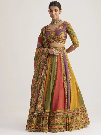 Multi Color Floral Printed Hand Work Pure Soft Organza Lehenga With Dupatta