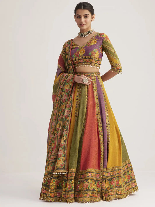 Multi Color Floral Printed Hand Work Pure Soft Organza Lehenga With Dupatta